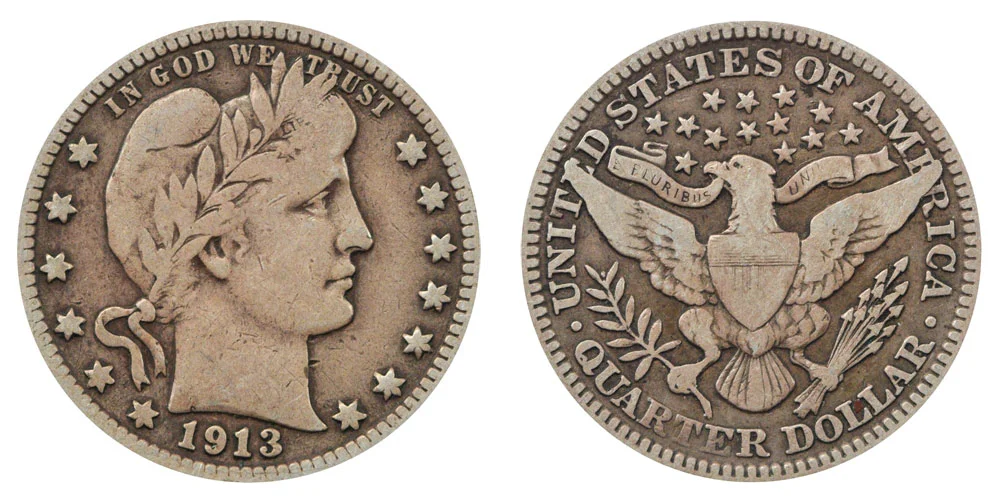 1913 Barber Quarter obverse showing Liberty portrait and reverse showing heraldic eagle