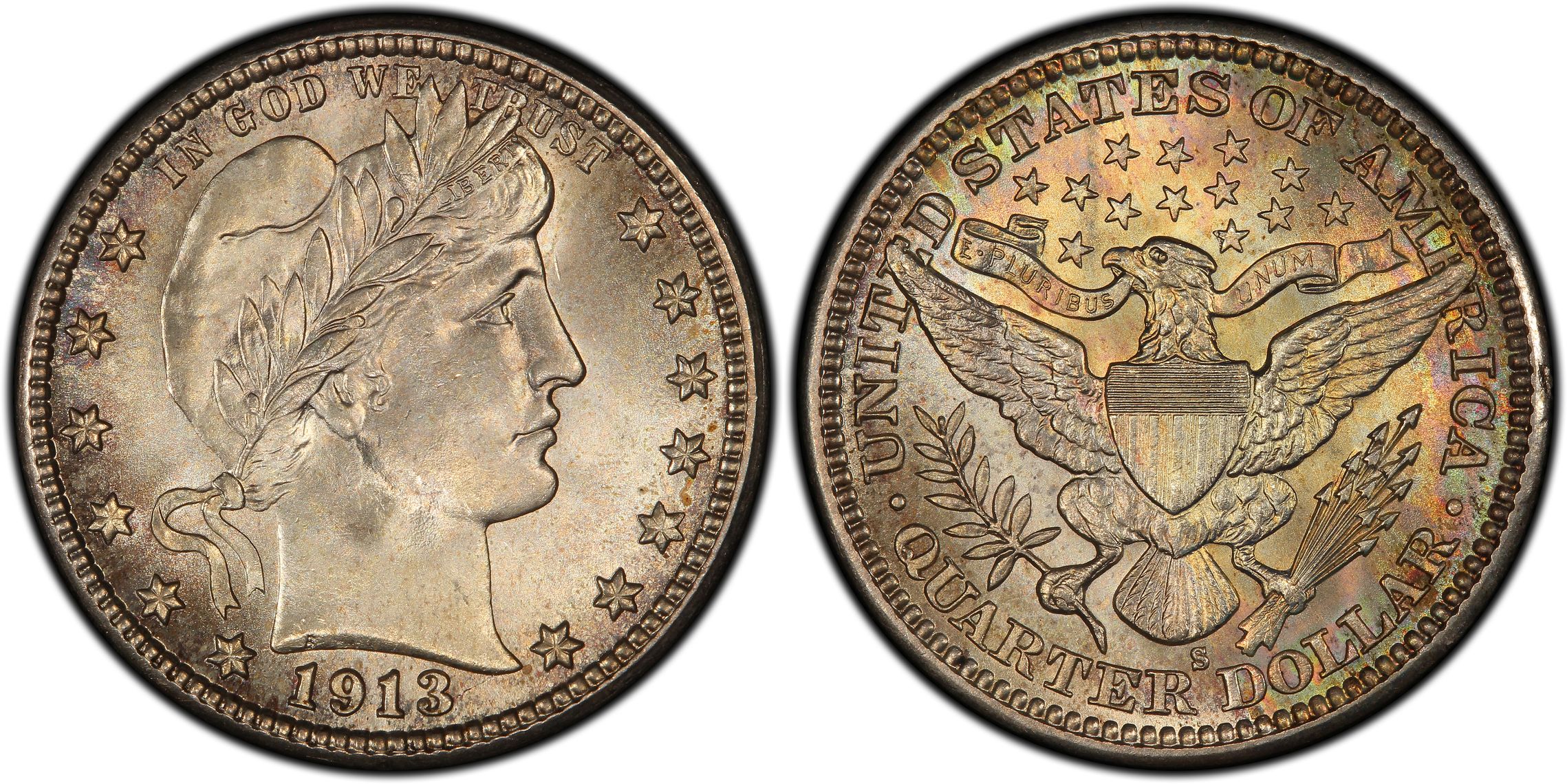 1913-S Barber Quarter reverse close-up showing the S mint mark below the eagle's tail feathers