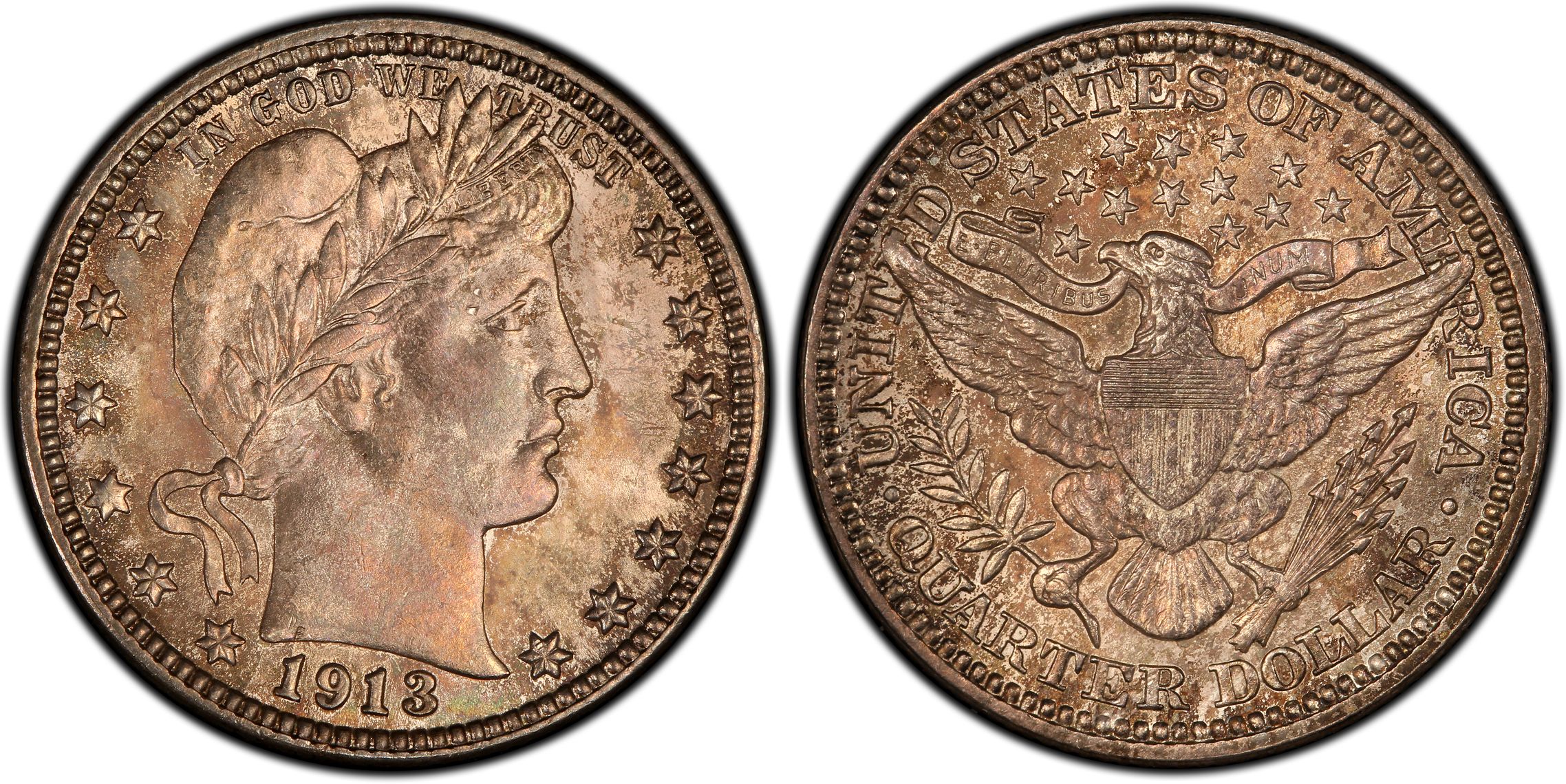 1913 Philadelphia Barber Quarter obverse showing Liberty portrait with detail of headband lettering in EF condition