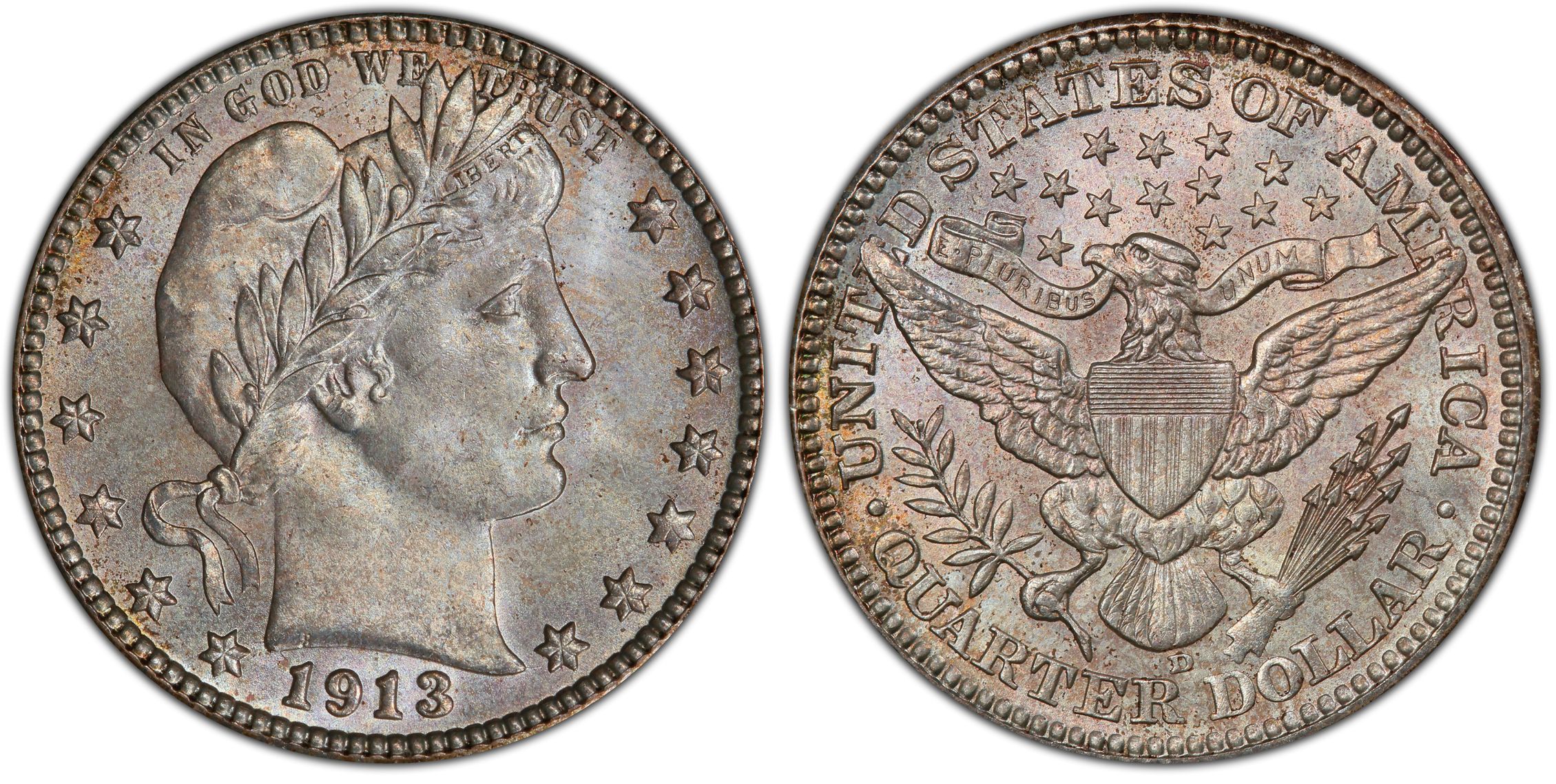 Close-up of 1913-D Barber Quarter D mint mark showing potential repunched mint mark doubling under magnification