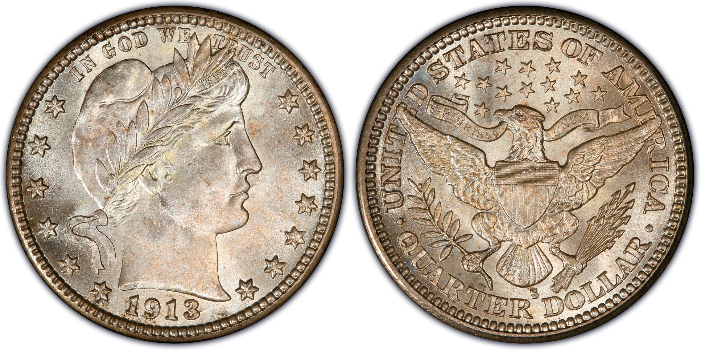 Group of 1913 Barber Quarters showing Philadelphia, Denver, and San Francisco mint issues side by side