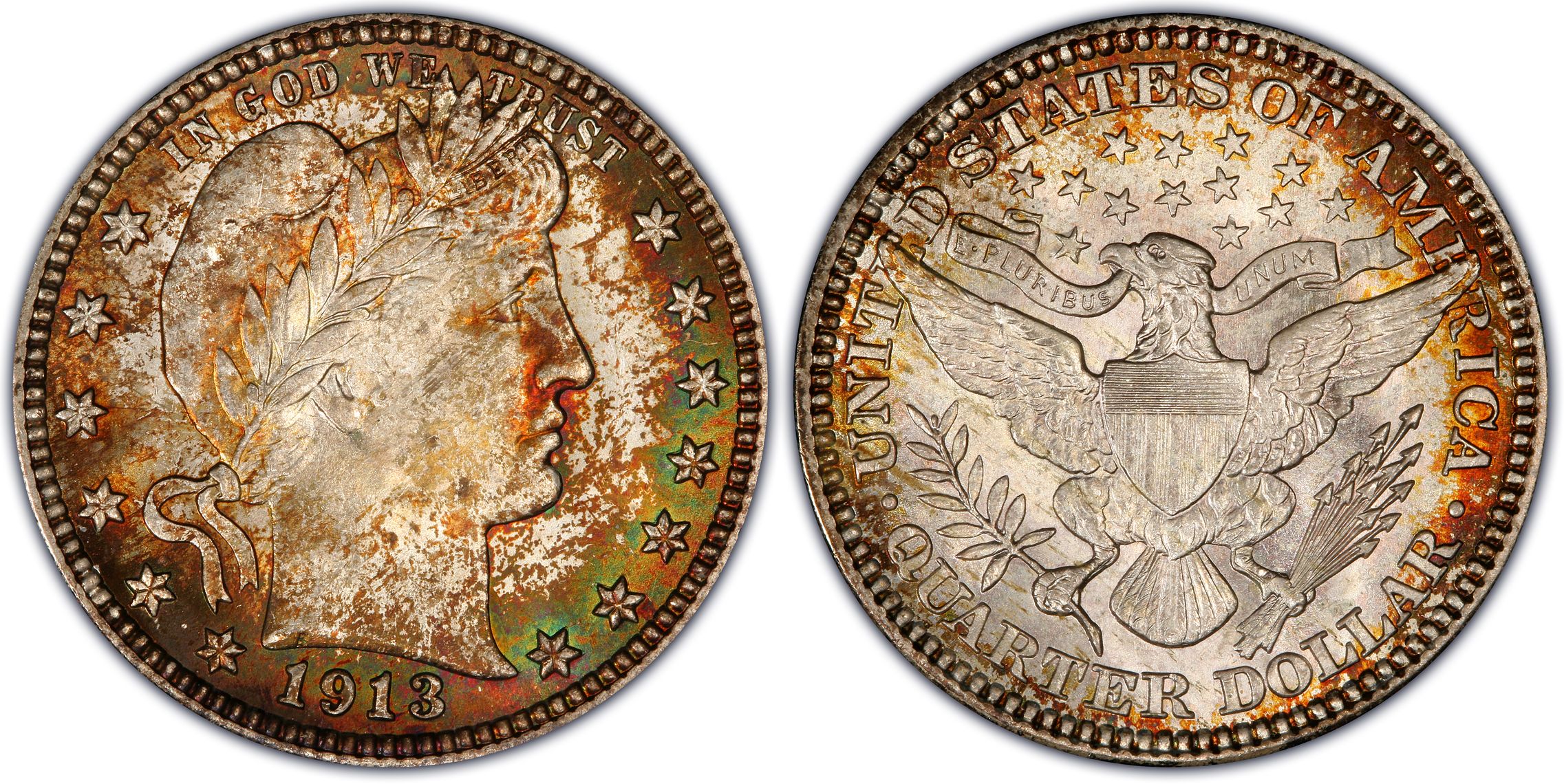 1913 Barber Quarter grading strip showing four condition tiers from Good through Uncirculated Mint State